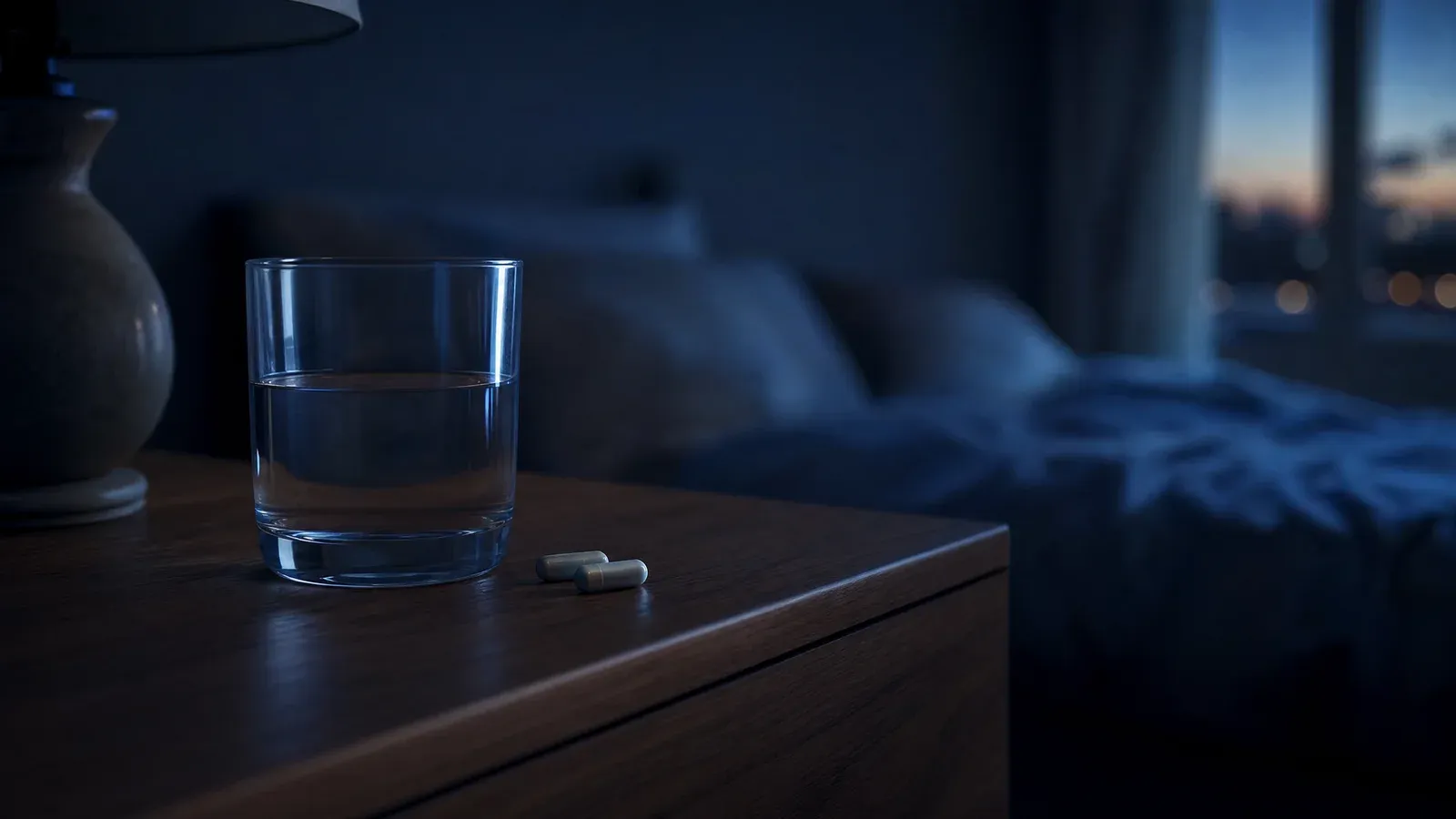 A glass of water and a magnesium supplement on a dark wooden nightstand in dim blue evening light.