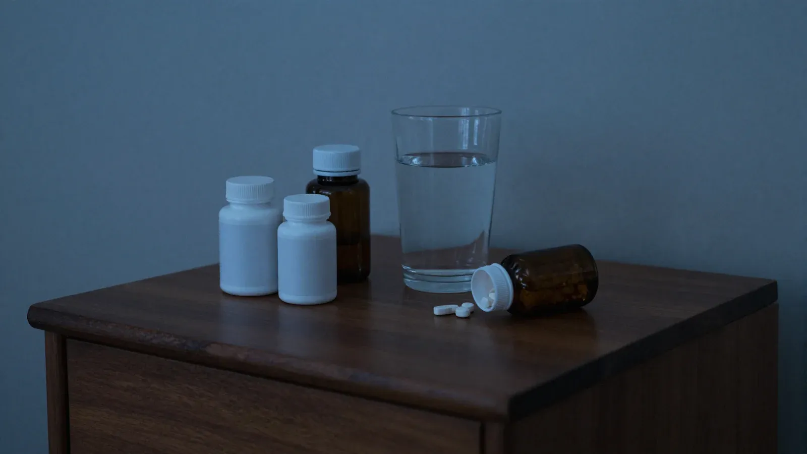Several supplement bottles and a glass of water on a dark wooden nightstand in dim blue evening light.