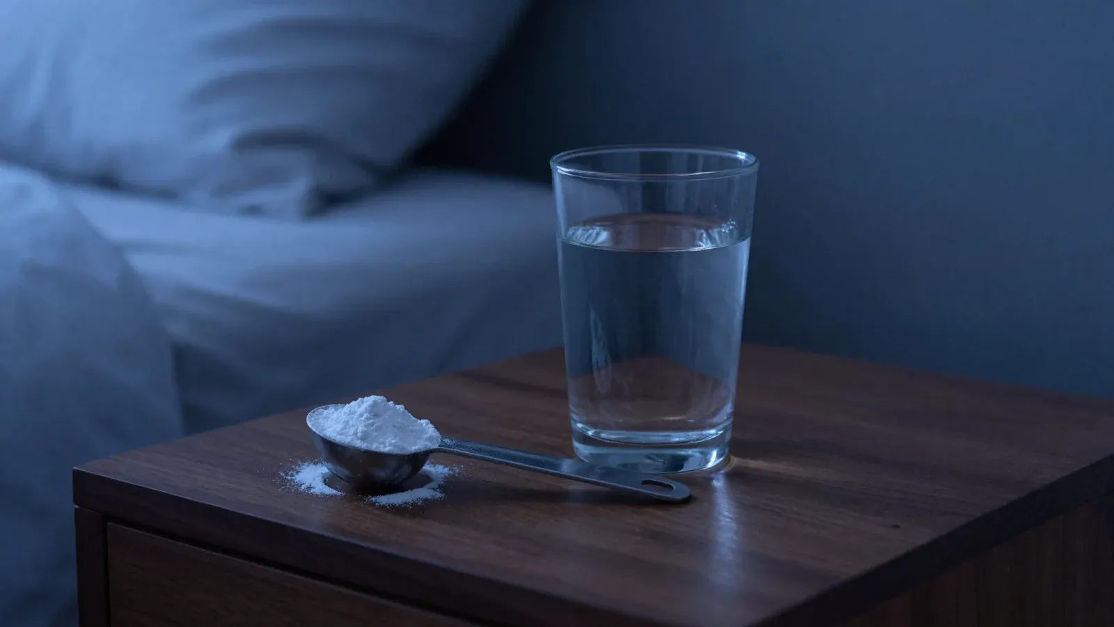 A measuring spoon of white powder beside a glass of water on a dark nightstand in dim light.
