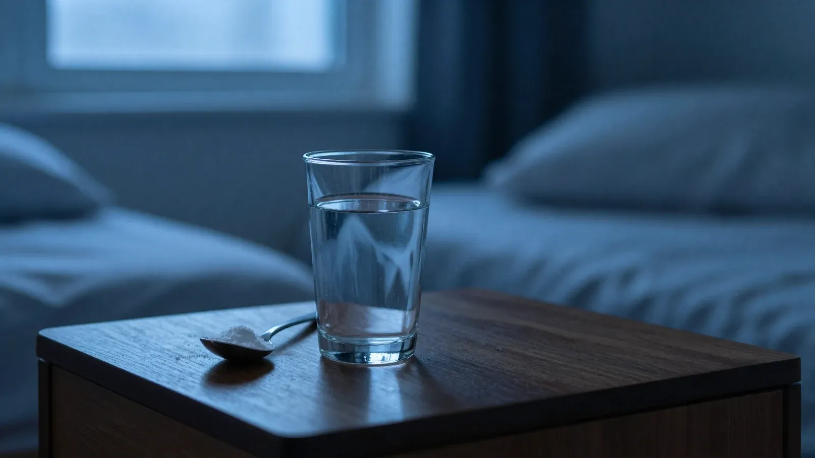 A glass of water and a small scoop of white powder on a dark nightstand in dim blue evening light.