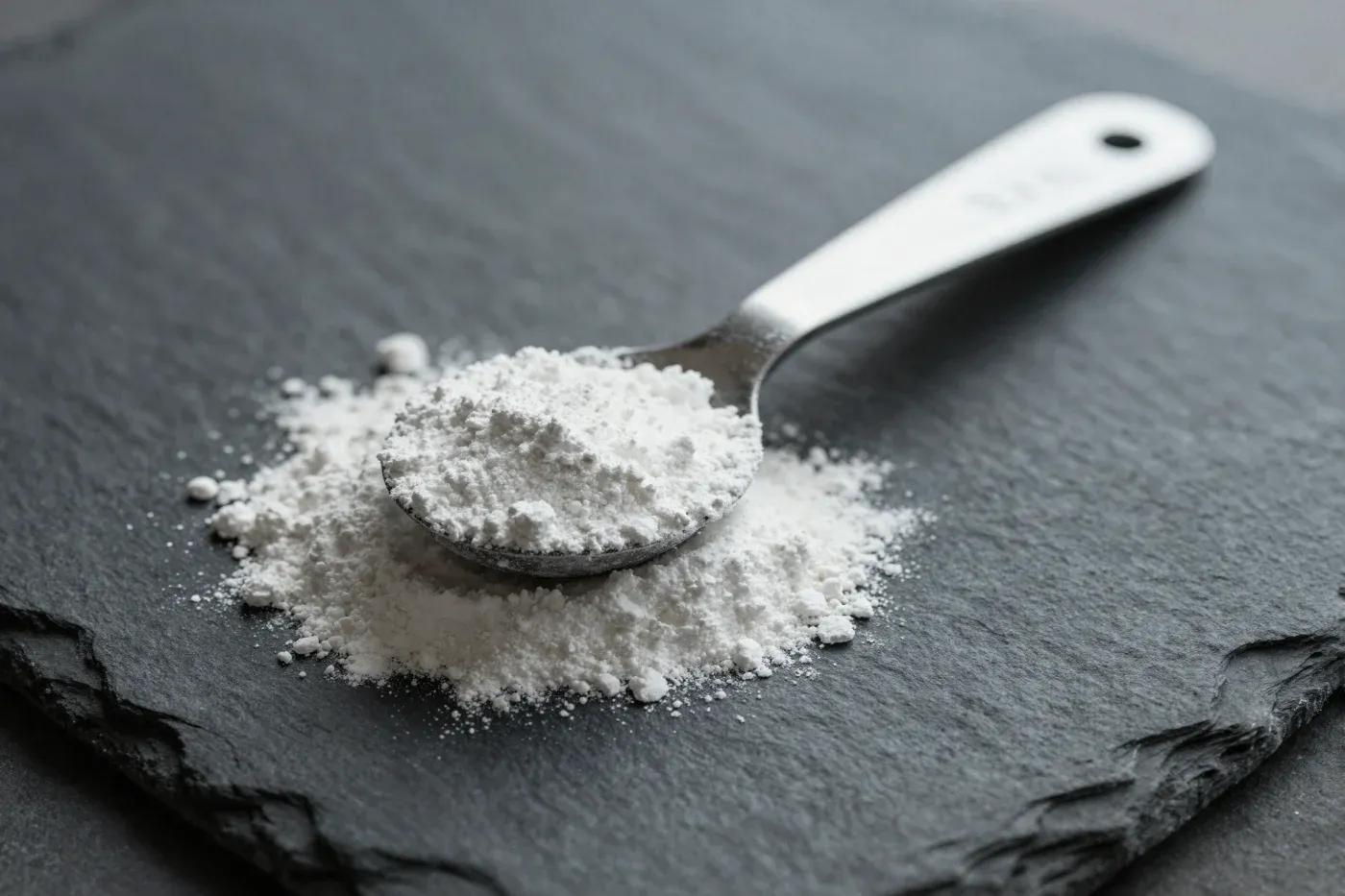 A level measuring spoon of white powder on a dark slate surface in soft light.