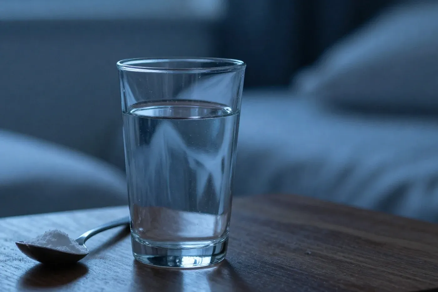 A clear glass of water with white powder dissolving, on a dark surface in soft light.