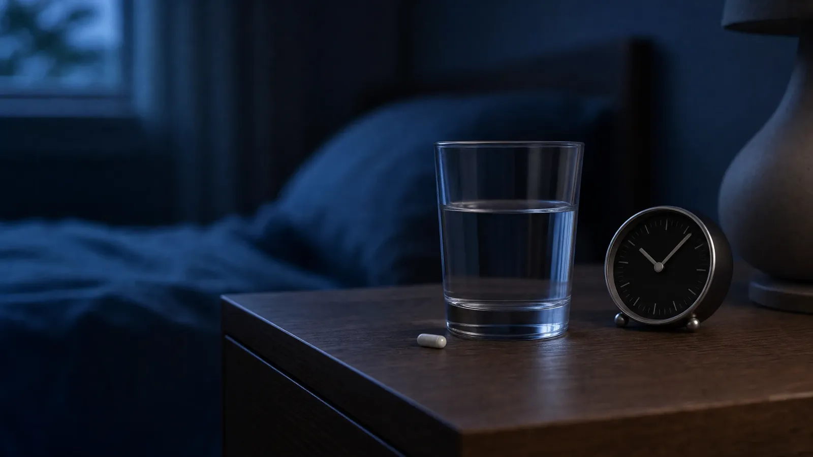 A glass of water and a supplement beside a small clock on a dark nightstand in dim evening light.