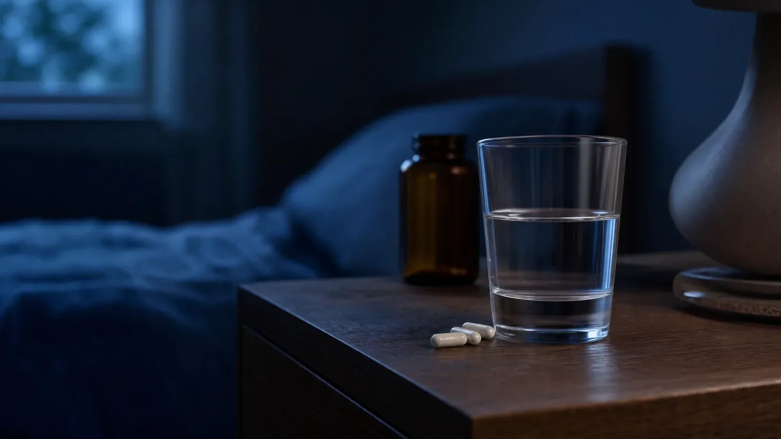 Magnesium glycinate capsules and a glass of water on a dark nightstand in dim blue evening light.