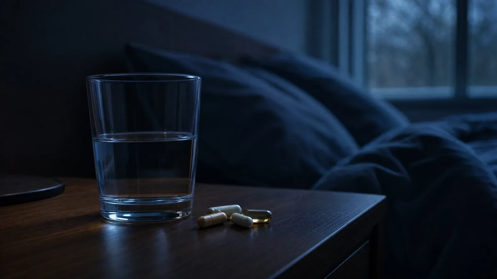 Supplement capsules and a glass of water on a dark nightstand in dim blue evening light.