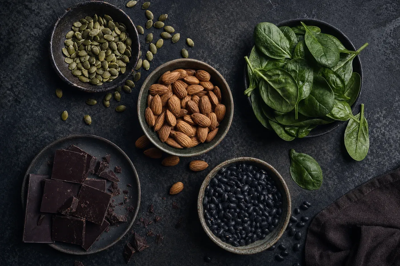 Magnesium-rich foods including pumpkin seeds, almonds, spinach and dark chocolate on a dark stone surface.