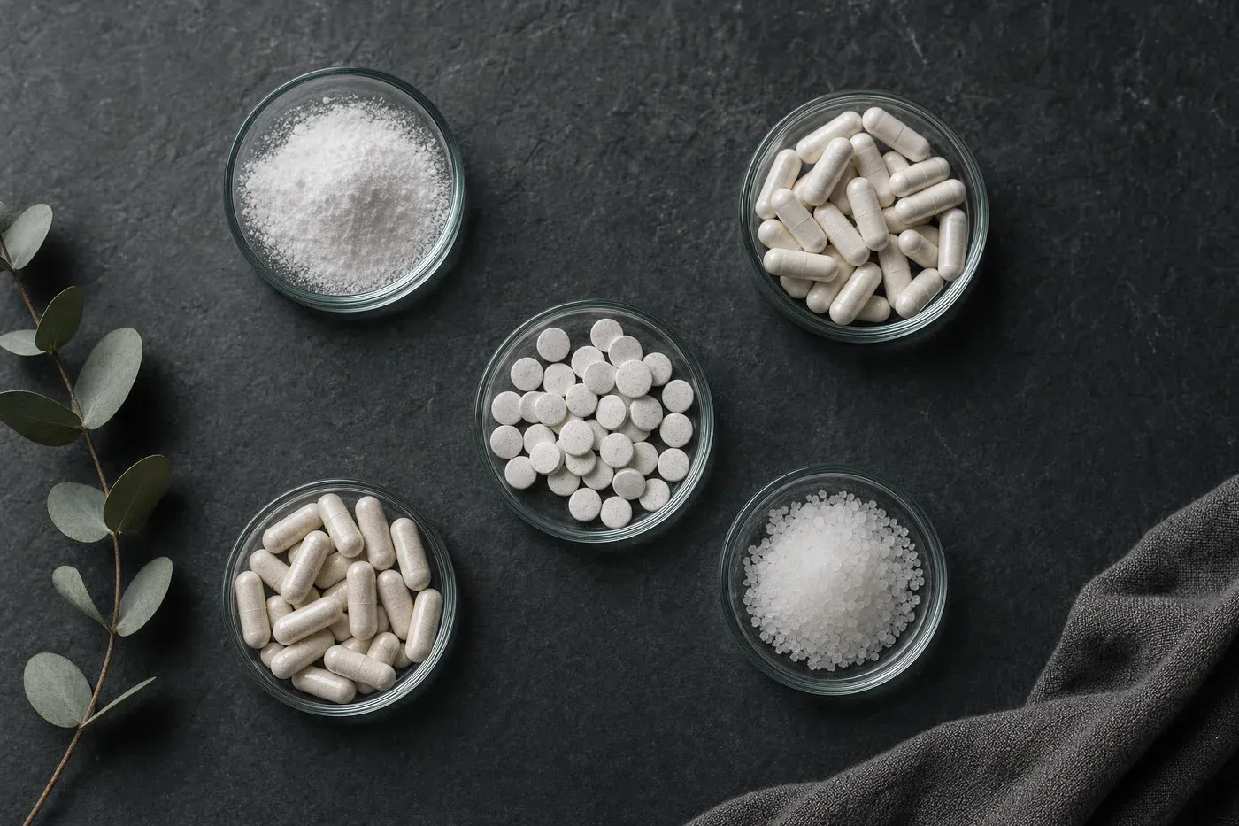 Several forms of magnesium supplement - capsules and powders - arranged on a dark slate surface.