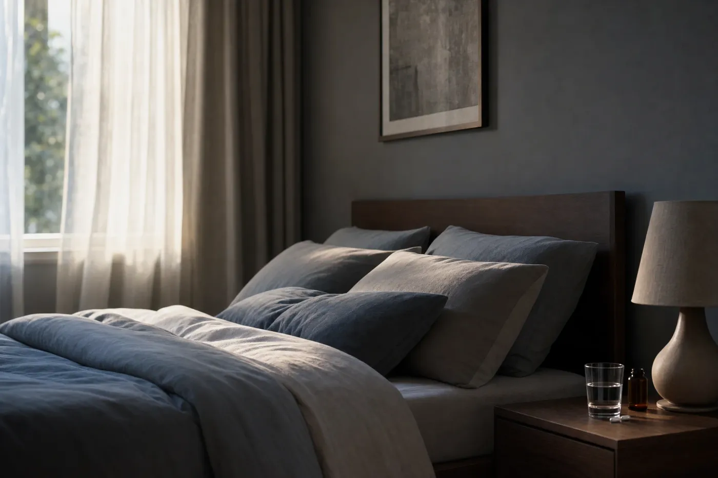 A neatly made bed in a calm bedroom with soft early-morning light through a window.